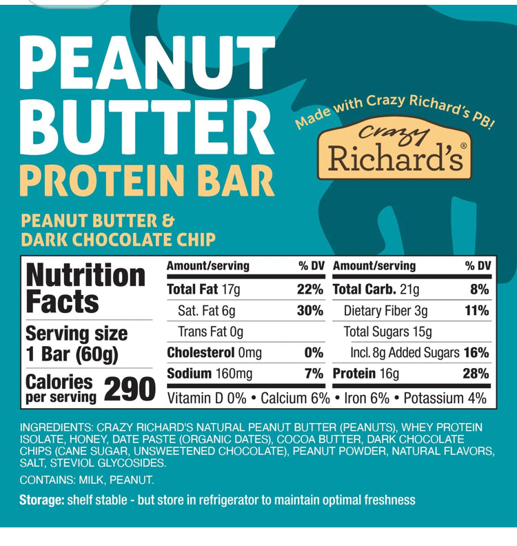 Crazy Richard's 100% All-Natural Peanut Butter Protein Bar, Made with Real Peanuts and Dark Chocolate Chips, 16g of Protein, Tasty, On the Go Snack (8 Bars)