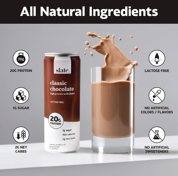 Slate Milk - High Protein Milk Shake - Chocolate Variety Pack - Chocolate, Dark Chocolate, Mocha Latte - Lactose Free, 20g Protein, 1g Sugar, 100-110 Calories, 1-3g Net Carbs - 11 fl oz, 12 Cans