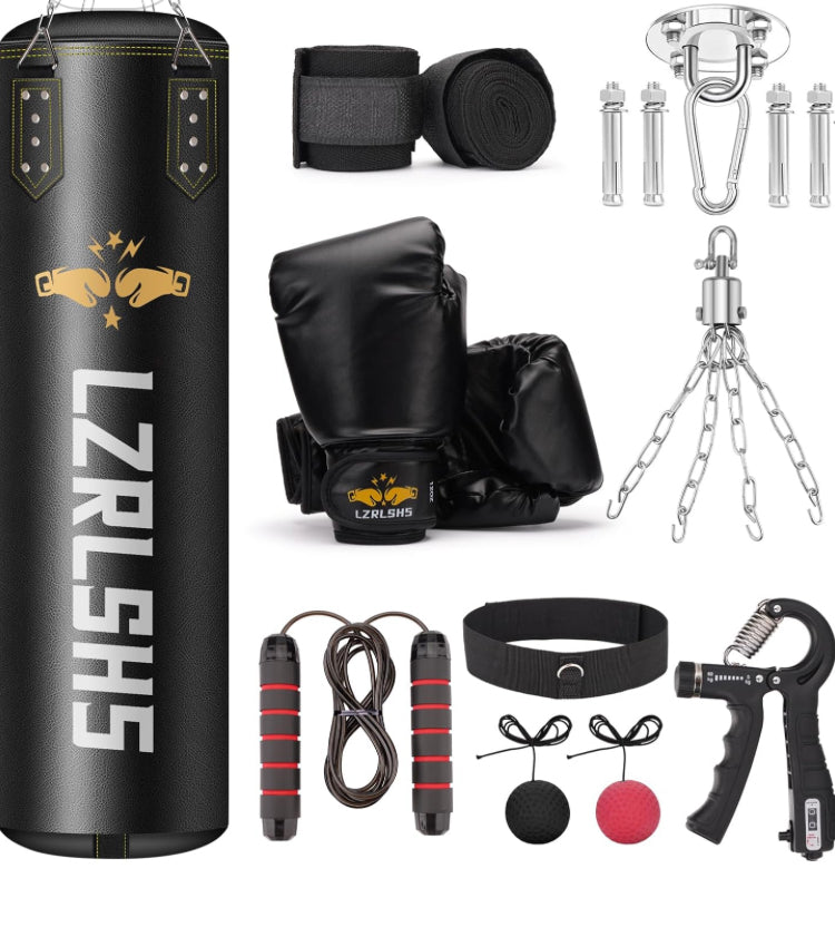 Punching Bag for Adults, 4ft PU Leather 6 in 1 Heavy Boxing Bag Set, Punching Bag with 12oz Boxing Gloves, Hand Wraps, etc. Hanging Bag for MMA Karate Kickboxing Muay Thai Boxing Training