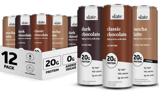 Slate Milk - High Protein Milk Shake - Chocolate Variety Pack - Chocolate, Dark Chocolate, Mocha Latte - Lactose Free, 20g Protein, 1g Sugar, 100-110 Calories, 1-3g Net Carbs - 11 fl oz, 12 Cans