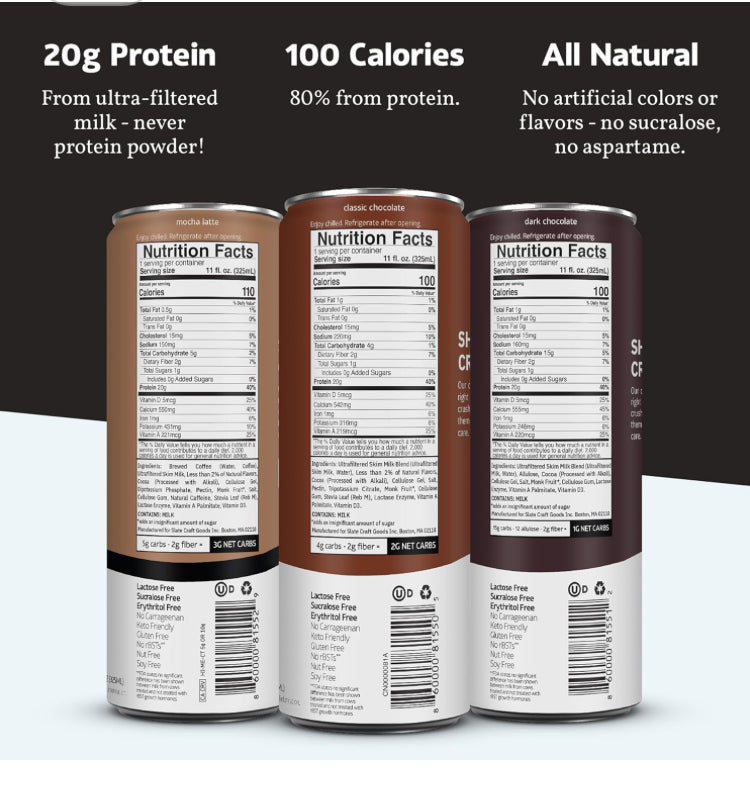 Slate Milk - High Protein Milk Shake - Chocolate Variety Pack - Chocolate, Dark Chocolate, Mocha Latte - Lactose Free, 20g Protein, 1g Sugar, 100-110 Calories, 1-3g Net Carbs - 11 fl oz, 12 Cans