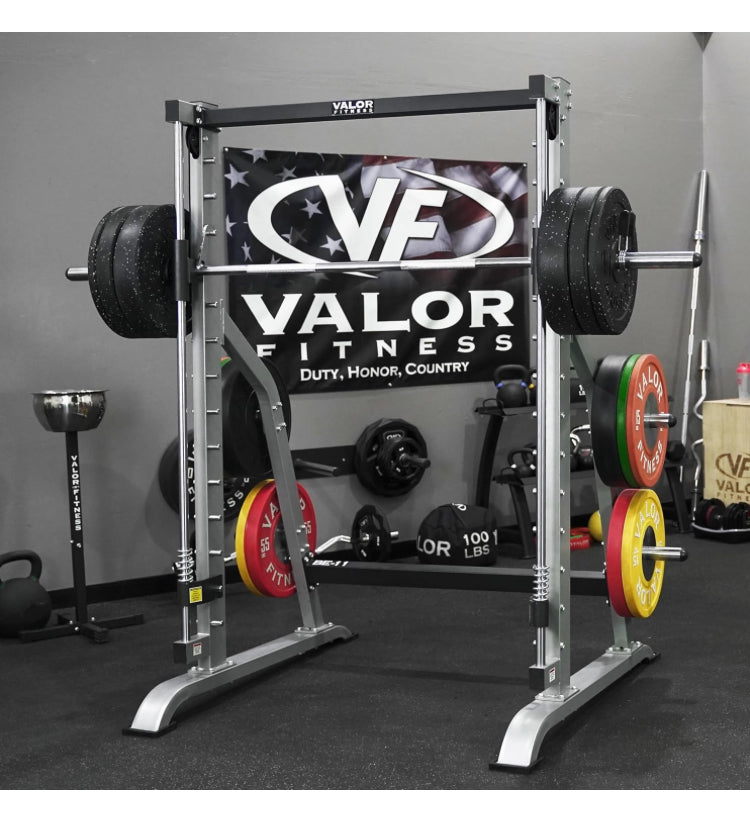 Valor Fitness Multi-Function Smith Machine Power Cage - 500lb Squat Rack or Bench Press Station - 2" Plate Storage Pegs- Attached Sliding Knurled Barbell - Total Body Workout